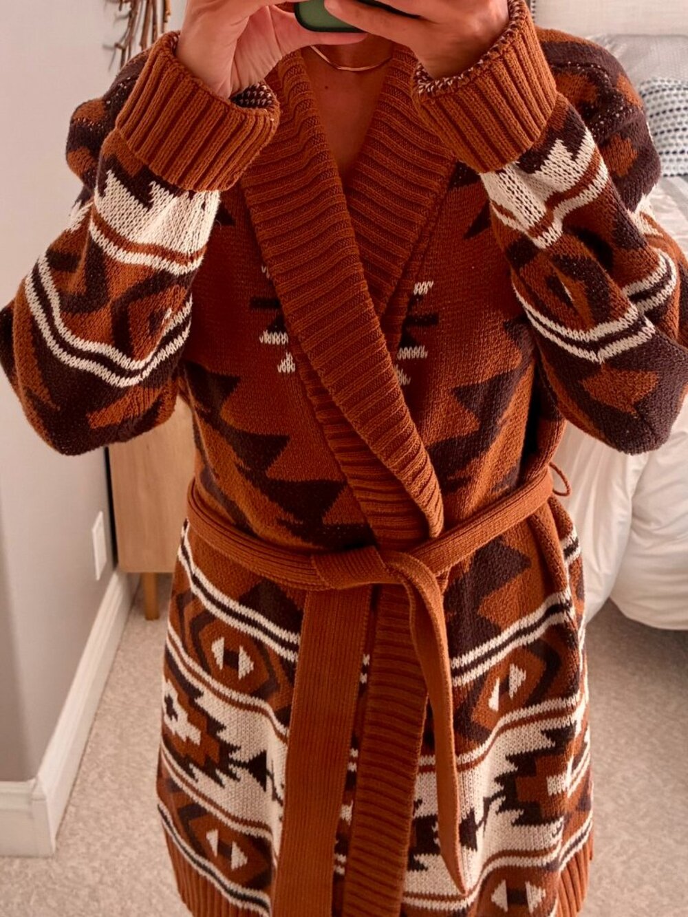 Lucky Brand Southwestern Aztec Belted Shawl Collar Cardigan Sweater